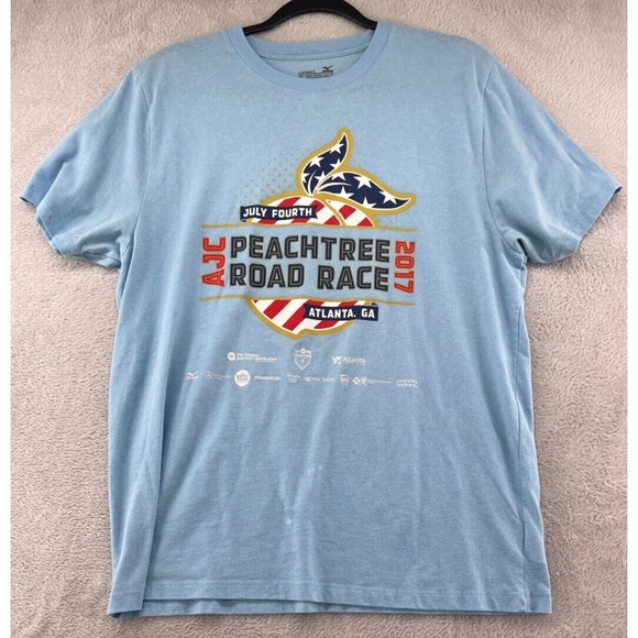 Mizuno Shirt Mens Medium 2017 Peachtree Road Race Short Sleeve Authentic Blue T - Picture 1 of 7